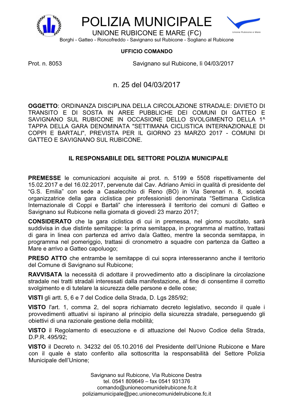 POLIZIA MUNICIPALE UNIONE RUBICONE E MARE (FC) Borghi - Gatteo - Roncofreddo - Savignano Sul Rubicone - Sogliano Al Rubicone
