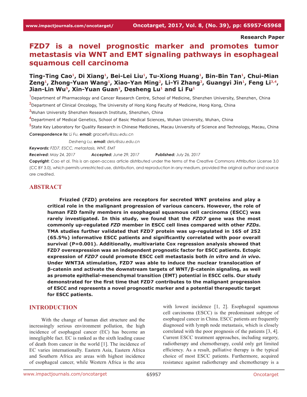 FZD7 Is a Novel Prognostic Marker and Promotes Tumor Metastasis Via WNT and EMT Signaling Pathways in Esophageal Squamous Cell Carcinoma