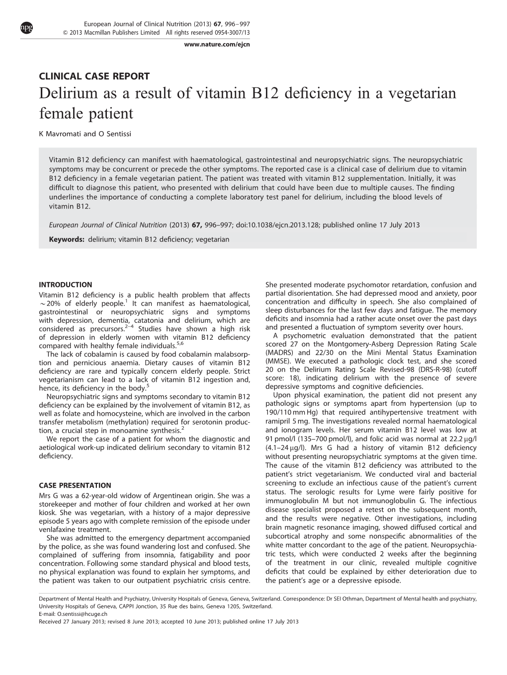 Delirium As a Result of Vitamin B12 Deficiency in a Vegetarian Female