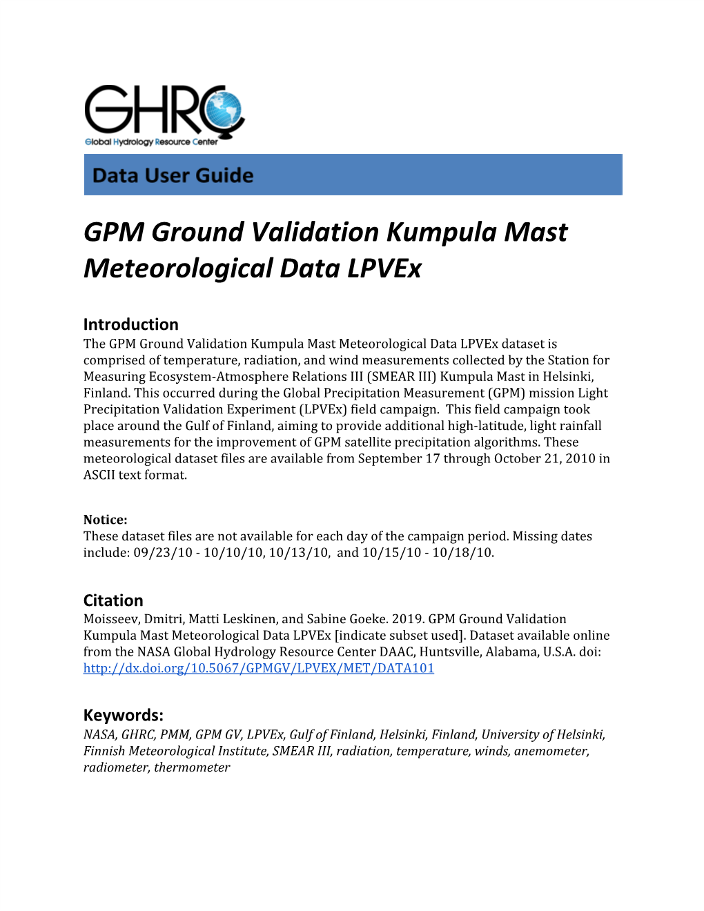 GPM Ground Validation Kumpula Mast Meteorological Data Lpvex