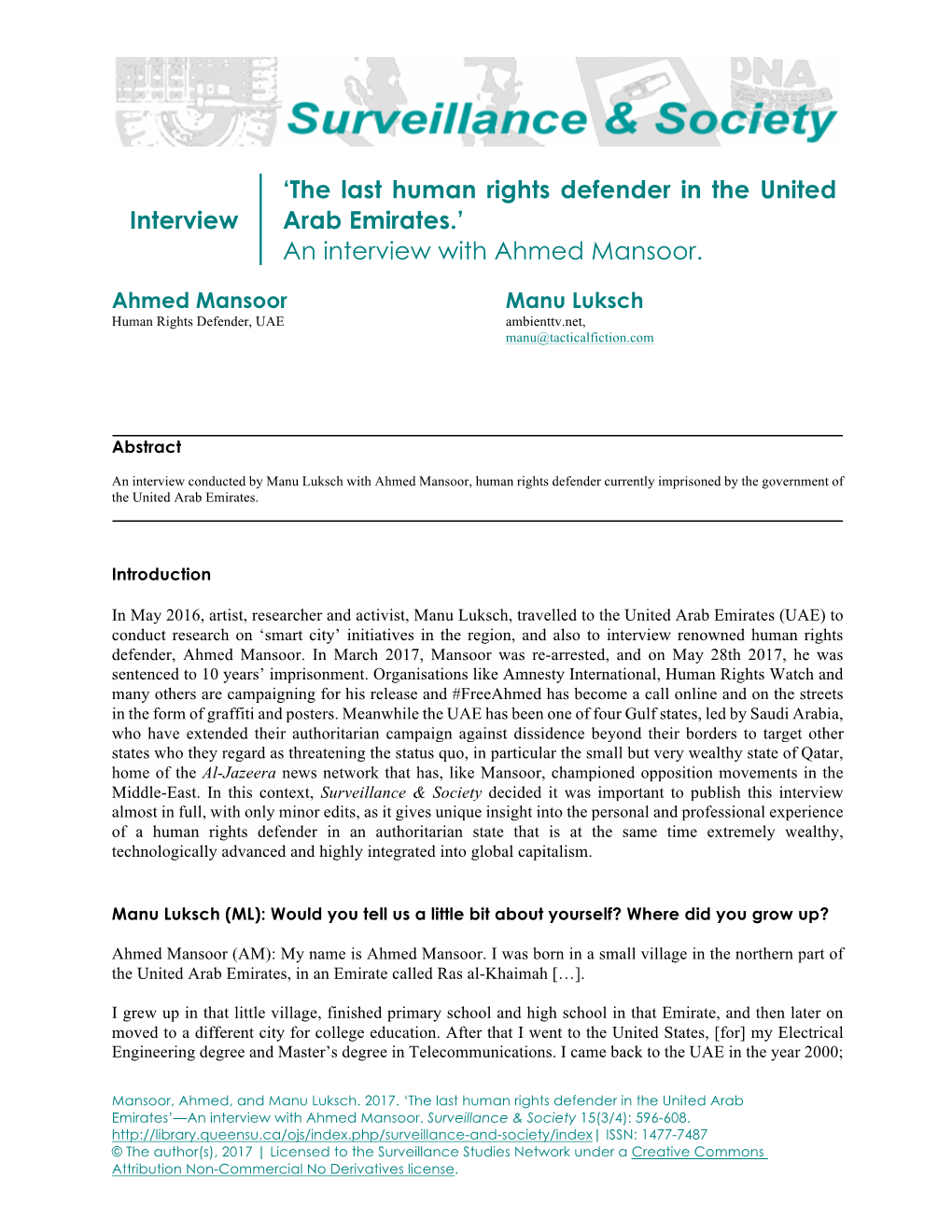 Interview 'The Last Human Rights Defender in the United Arab Emirates.' an Interview with Ahmed Mansoor