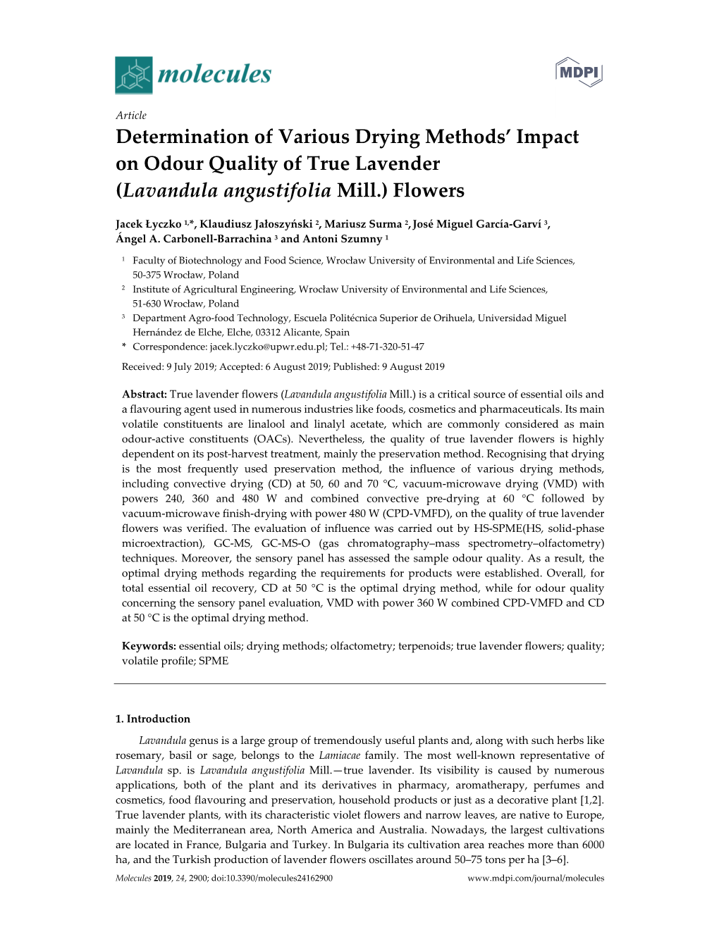 Determination of Various Drying Methods' Impact on Odour Quality of True Lavender (Lavandula Angustifolia Mill.) Flowers