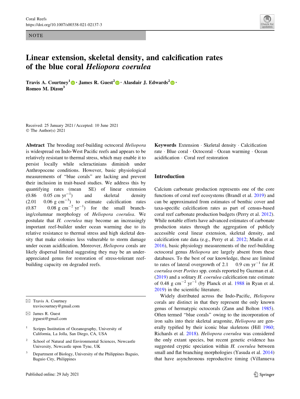 Linear Extension, Skeletal Density, and Calcification Rates of the Blue