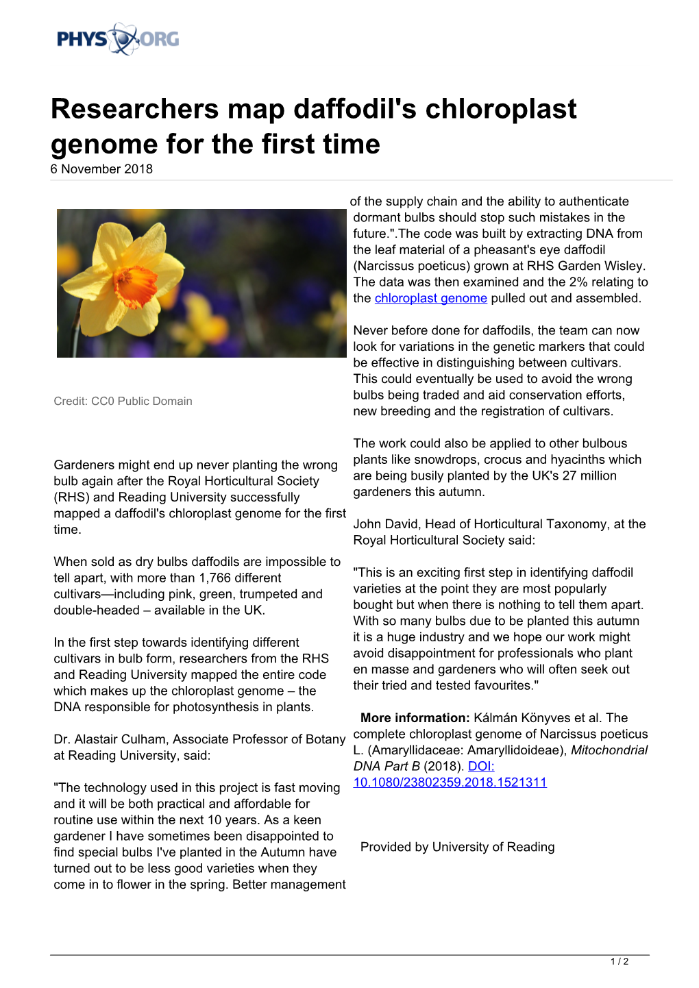 Researchers Map Daffodil's Chloroplast Genome for the First Time 6 November 2018