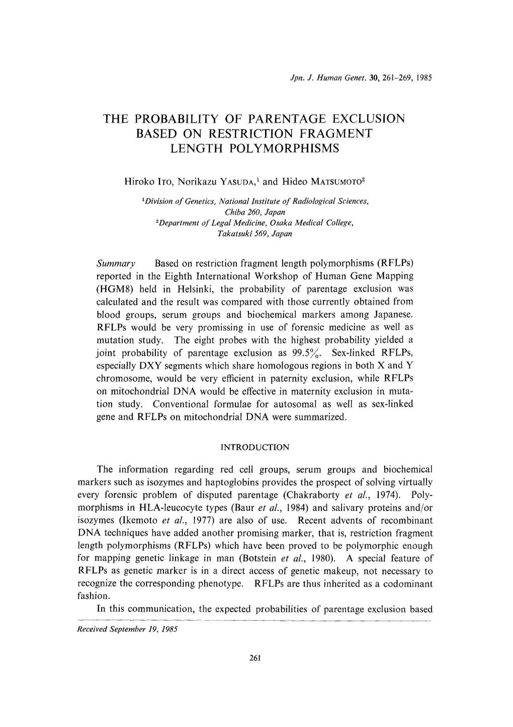 The Probability of Parentage Exclusion Based on Restriction Fragment Length Polymorphisms