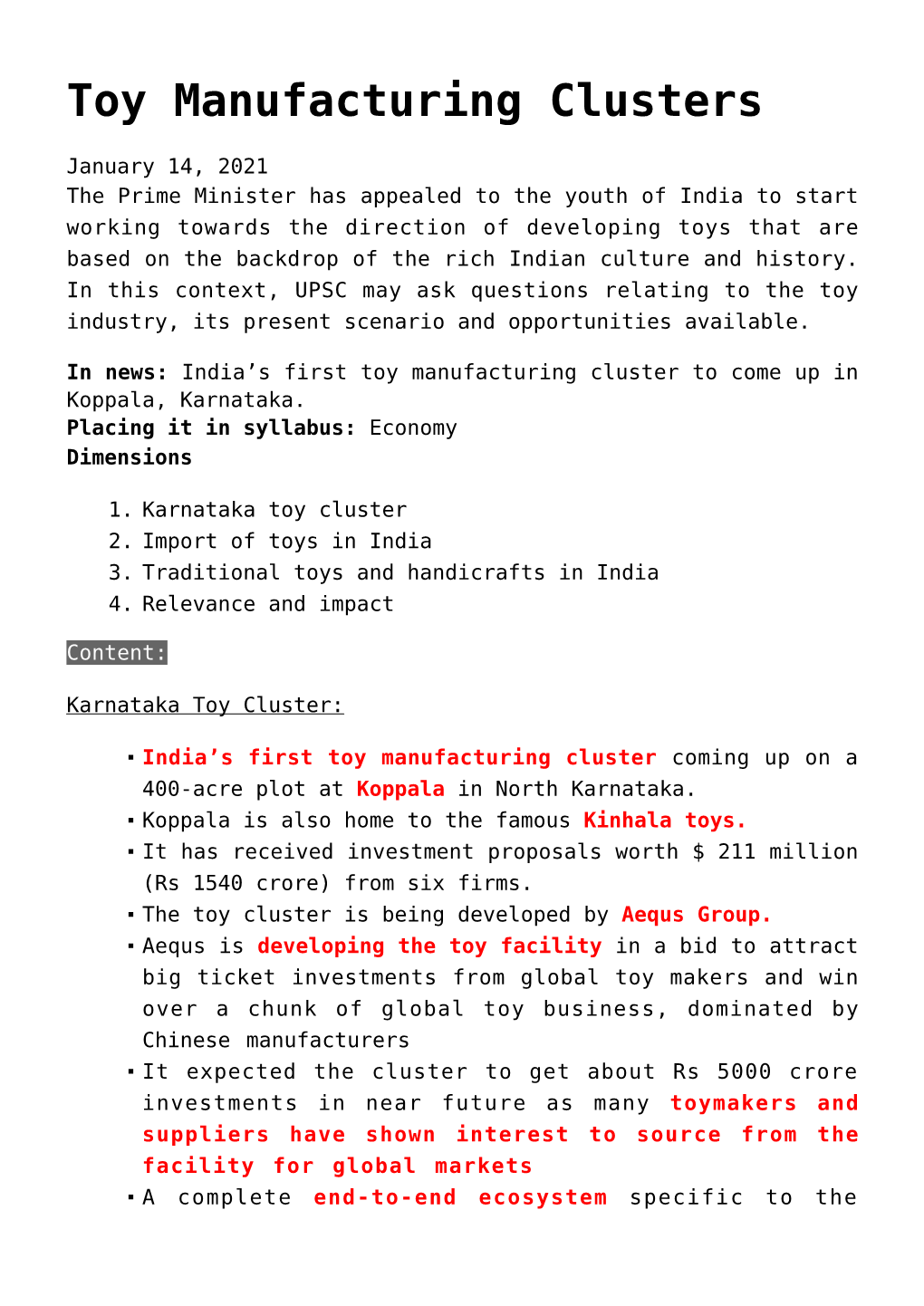 Toy Manufacturing Clusters