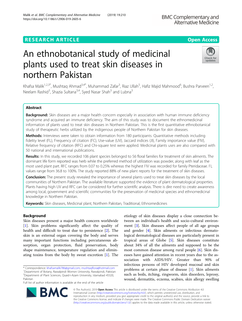 An Ethnobotanical Study of Medicinal Plants Used to Treat Skin Diseases in Northern Pakistan