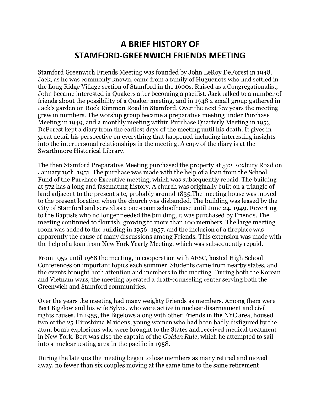 A Brief History of Stamford-Greenwich Friends Meeting