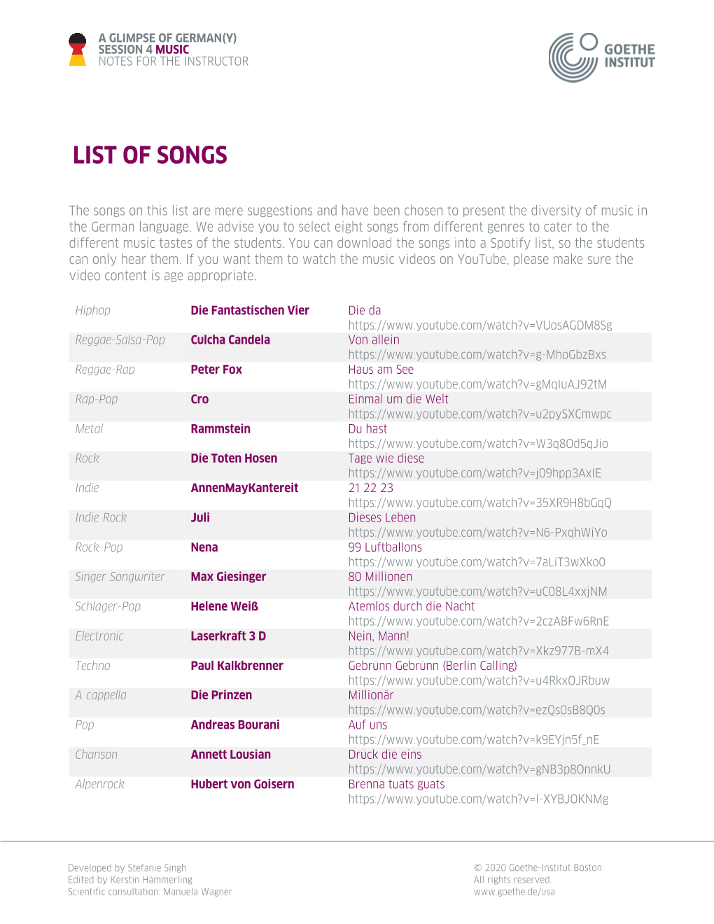 List of Songs