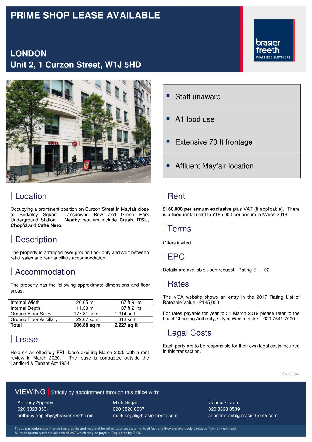 PRIME SHOP LEASE AVAILABLE LONDON Unit 2, 1 Curzon Street