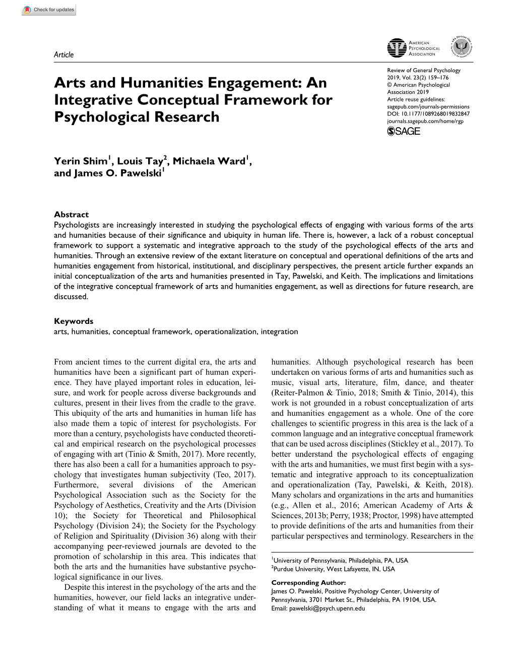 Arts and Humanities Engagement: an Integrative Conceptual Framework