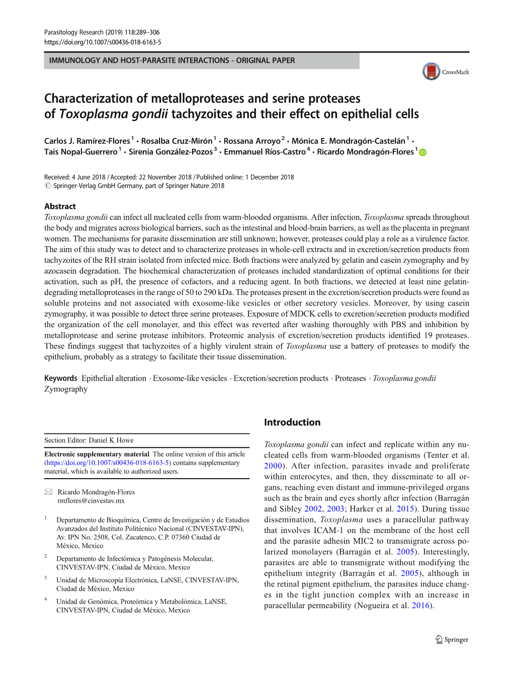 Characterization of Metalloproteases and Serine Proteases of Toxoplasma Gondii Tachyzoites and Their Effect on Epithelial Cells