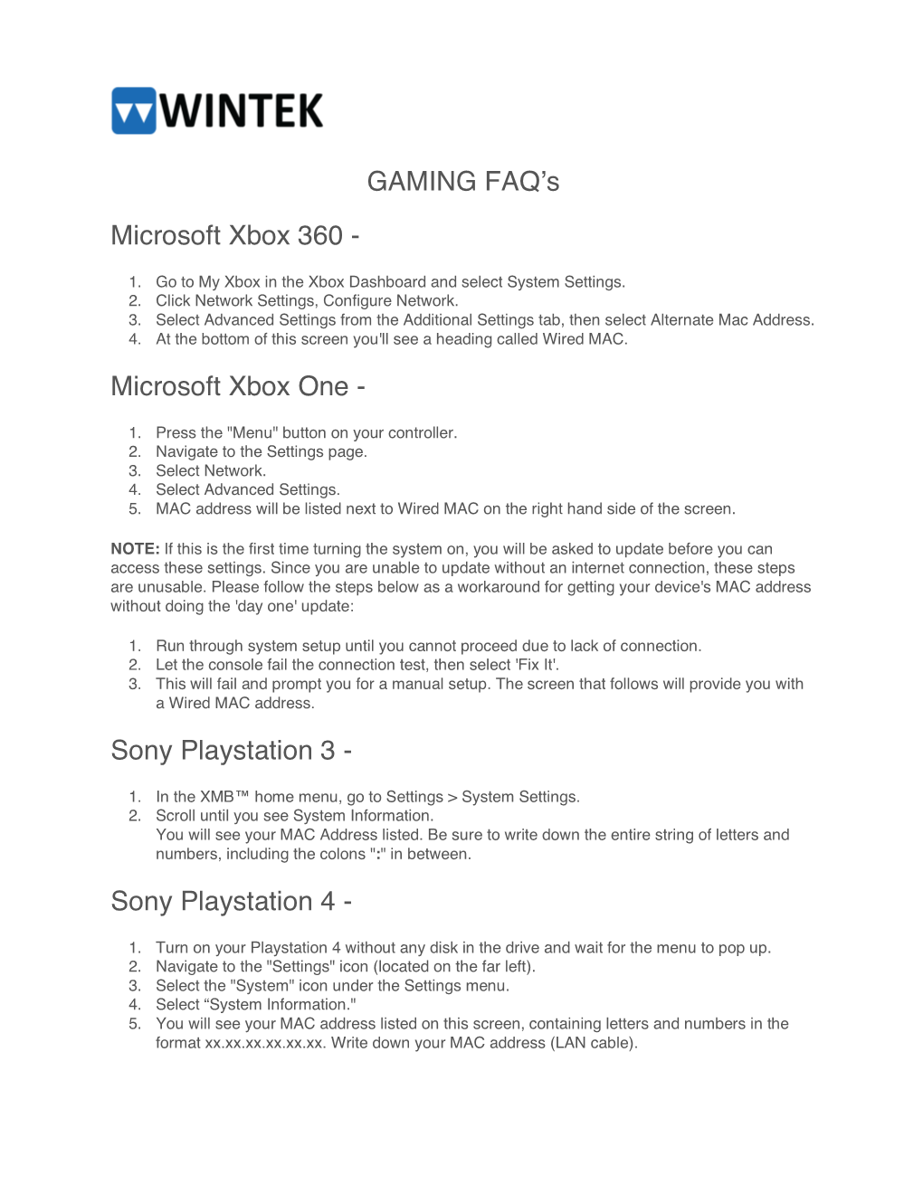 GAMING FAQ's Microsoft Xbox