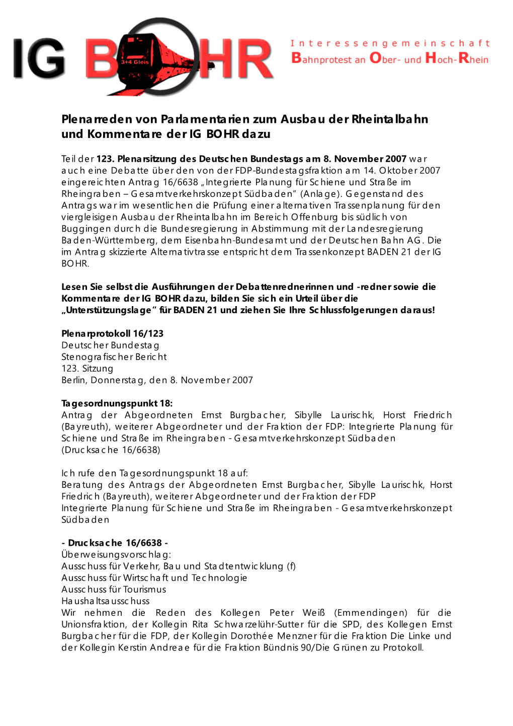 Plenarreden Von Parlamentarien Zum Ausbau Der Rheintalbahn Und Kommentare Der IG BOHR Dazu