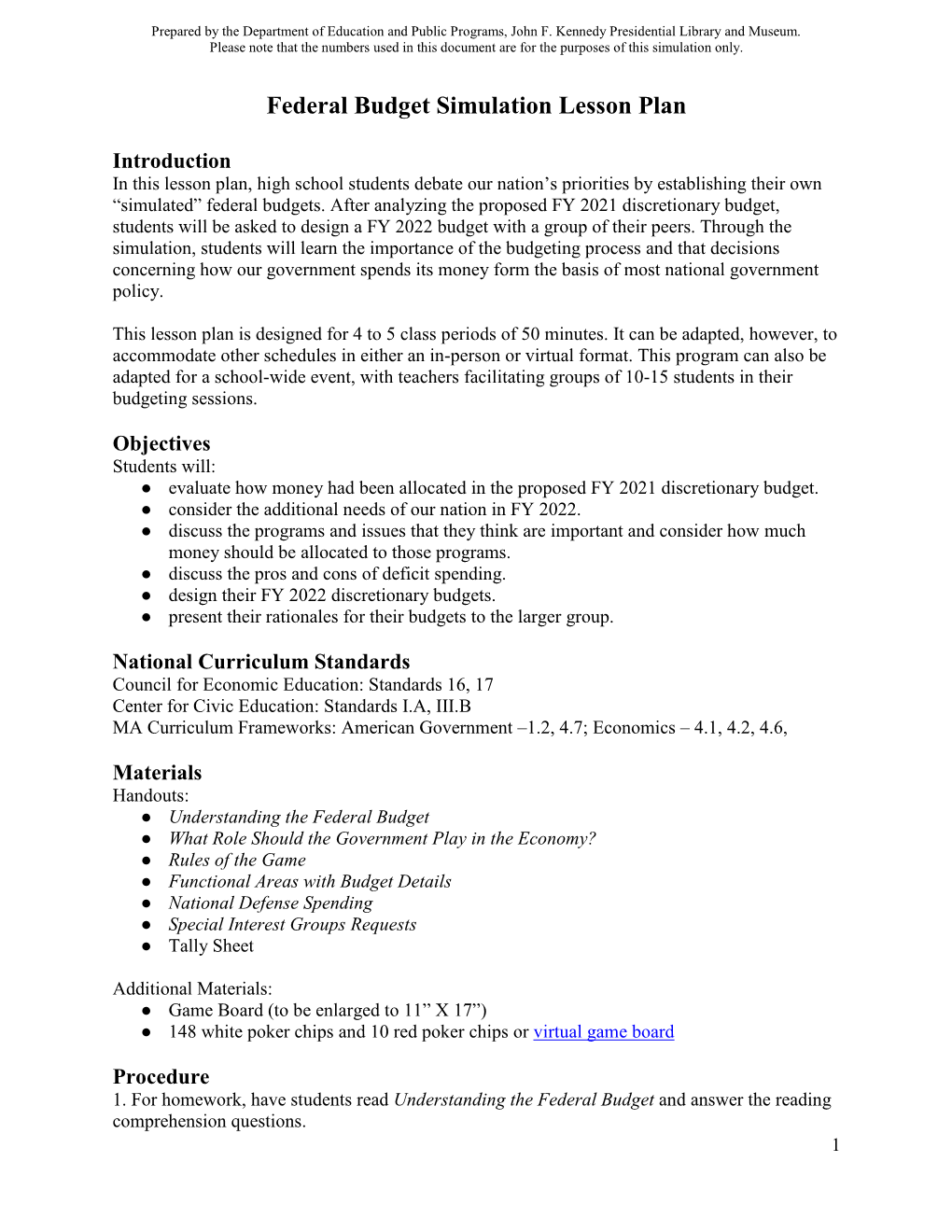 Federal Budget Simulation Lesson Plan