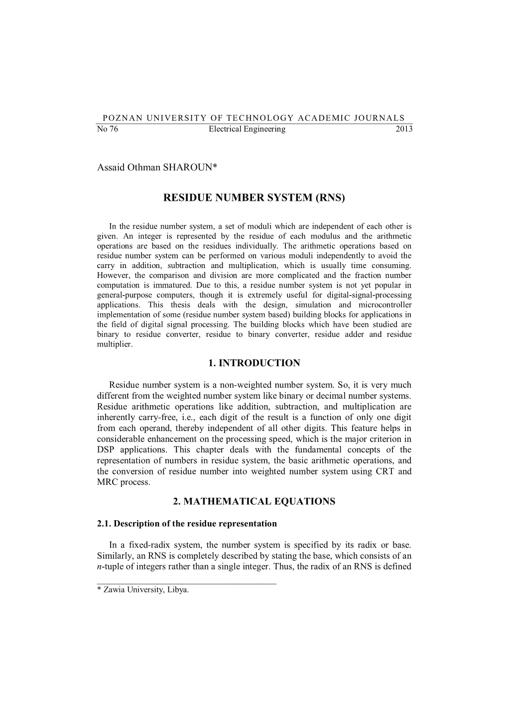 Residue Number System (Rns)