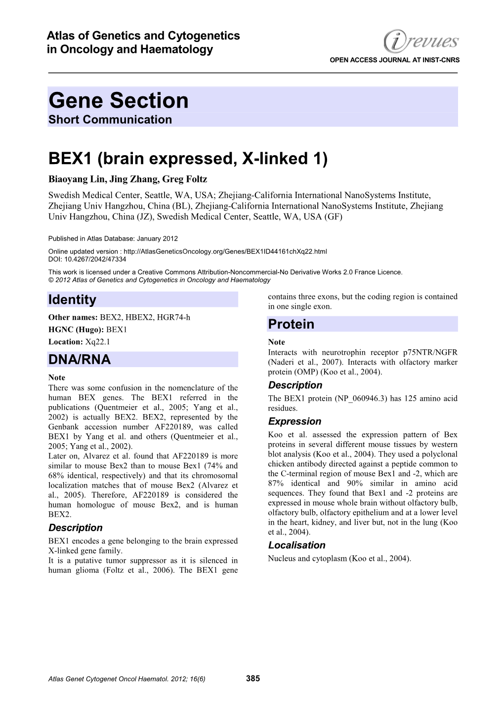 BEX1 (Brain Expressed, X-Linked 1)