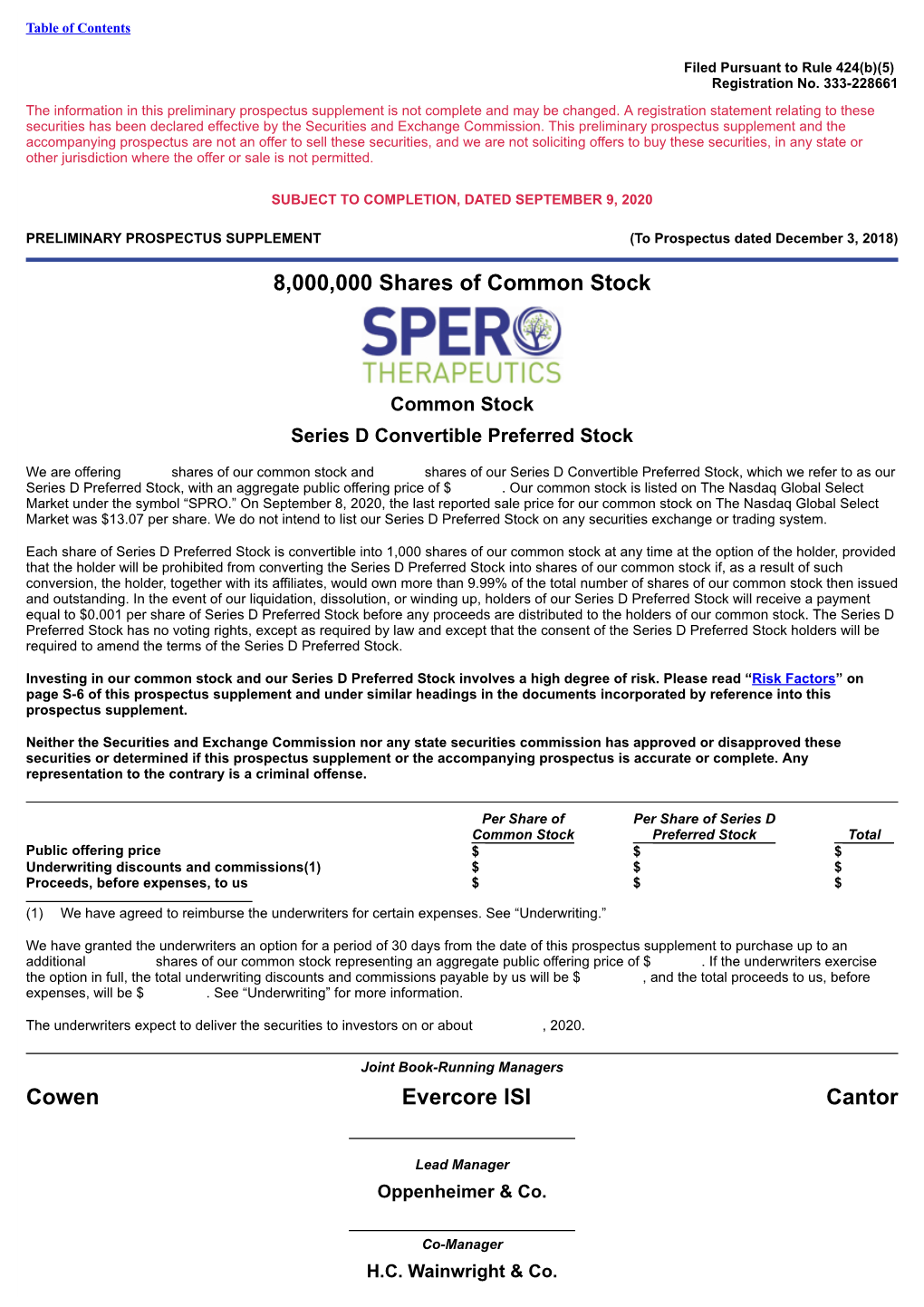 8,000,000 Shares of Common Stock Cowen Evercore ISI Cantor