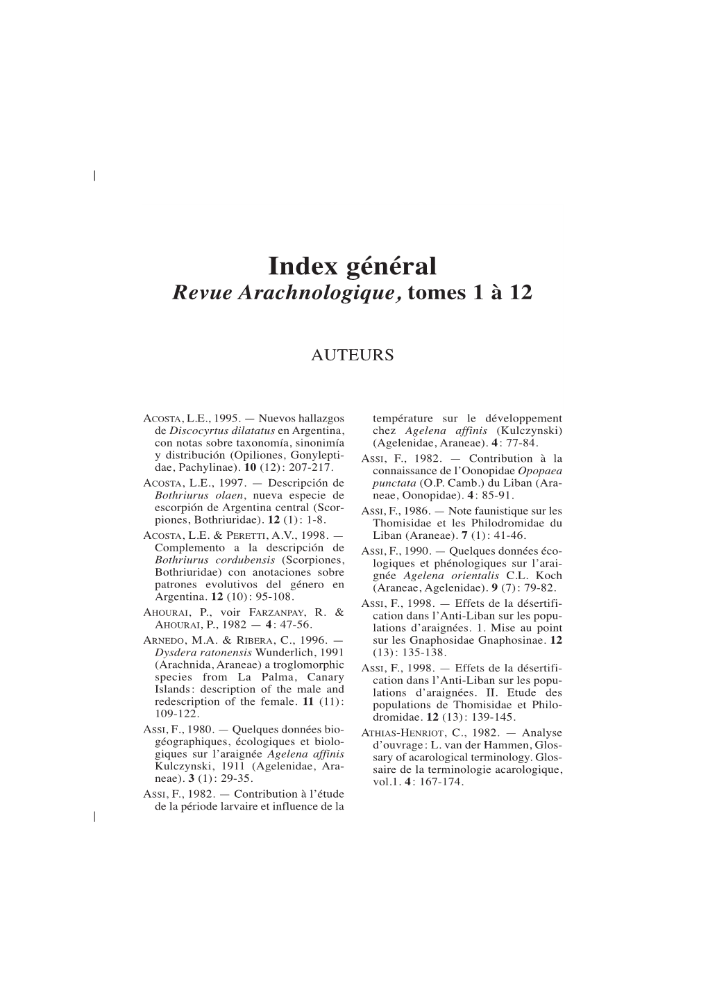 Index Général Revue Arachnologique, Tomes 1 À 12