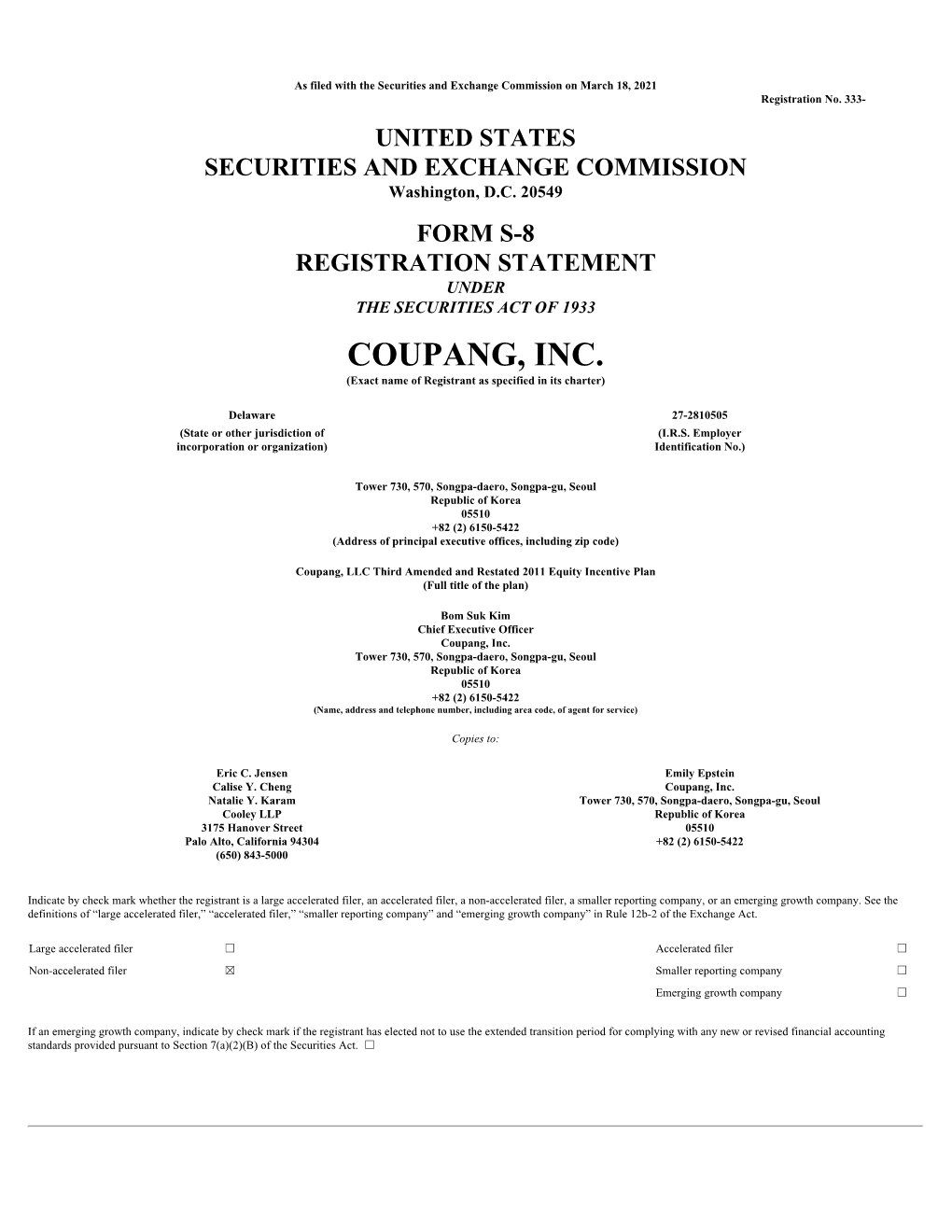 COUPANG, INC. (Exact Name of Registrant As Specified in Its Charter)