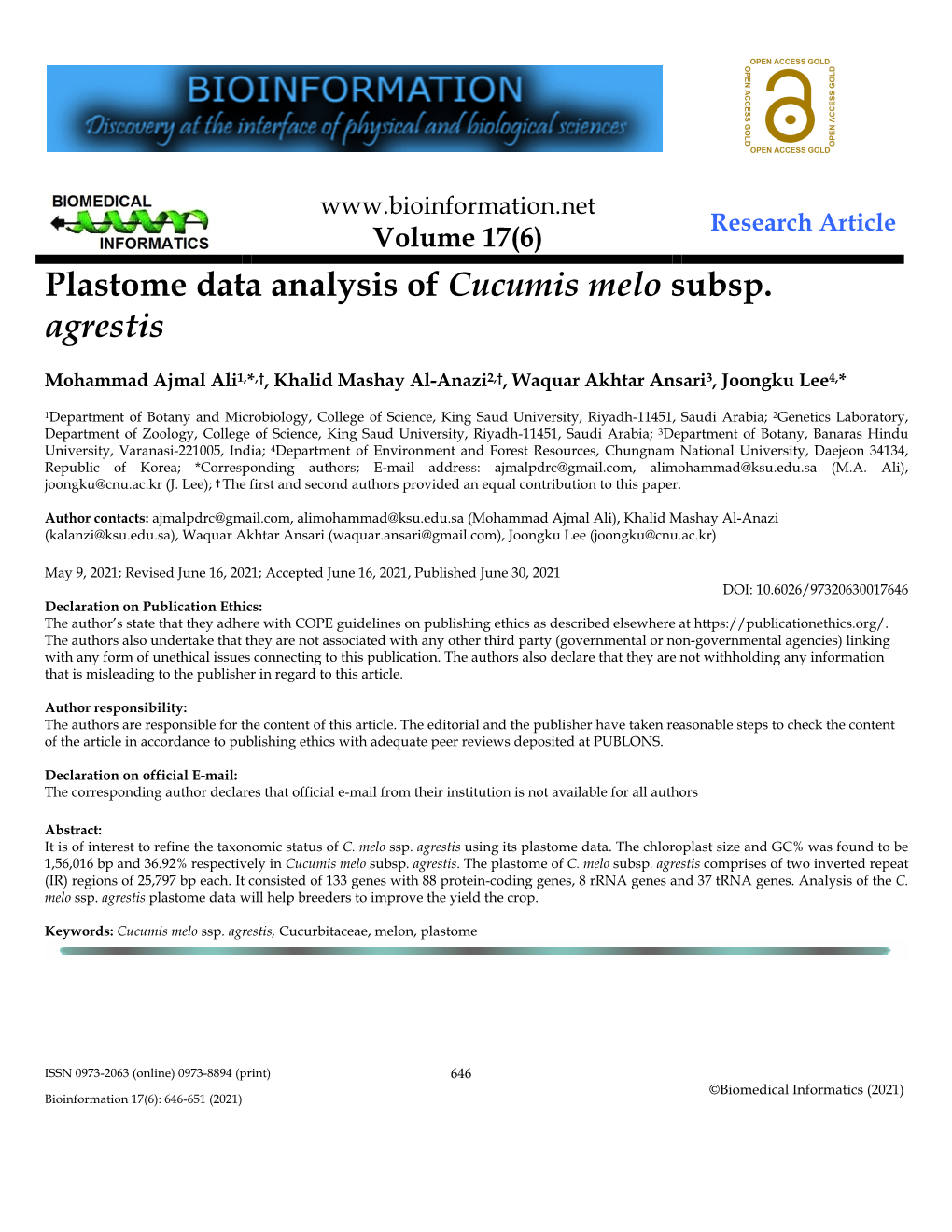 Plastome Data Analysis of Cucumis Melo Subsp. Agrestis