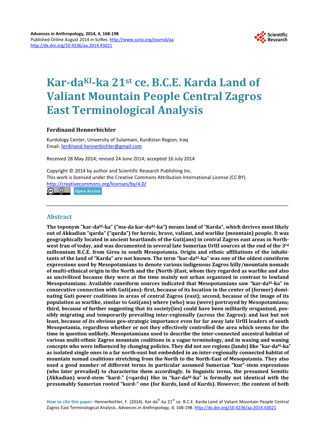 Kar-Daki-Ka 21St Ce. B.C.E. Karda Land of Valiant Mountain People Central Zagros East Terminological Analysis