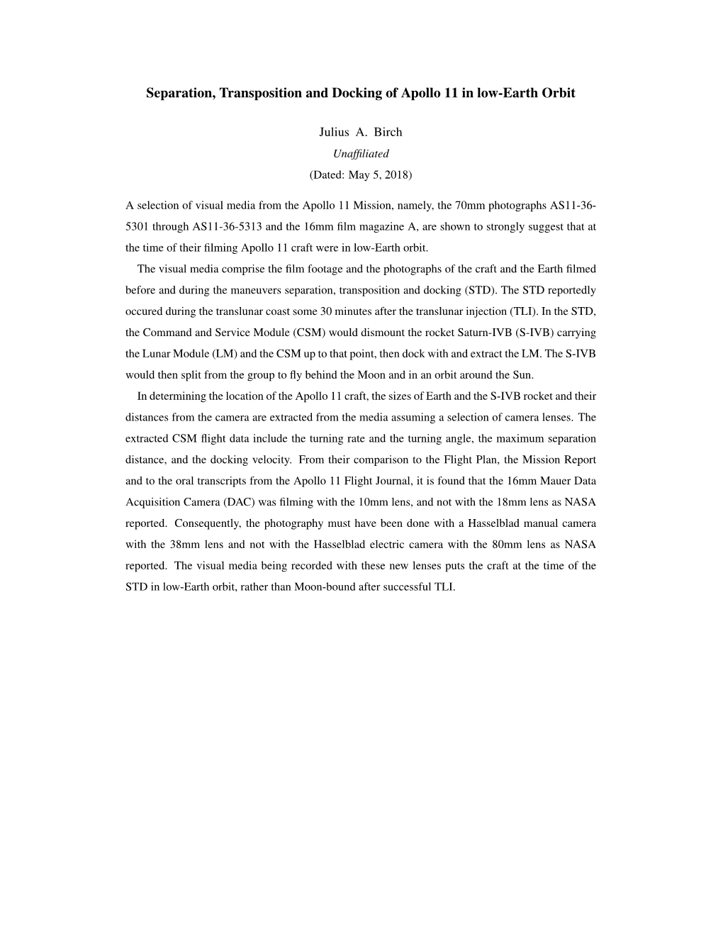 Separation, Transposition and Docking of Apollo 11 in Low-Earth Orbit