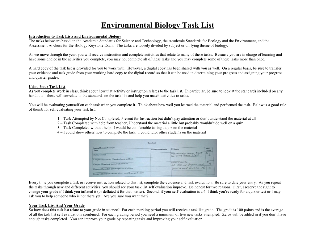 Environmental Biology Task List