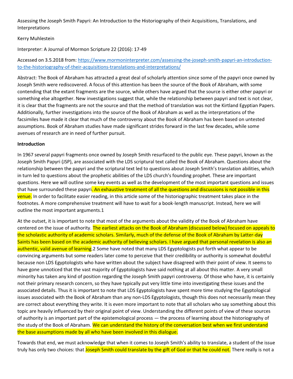 Assessing the Joseph Smith Papyri: an Introduction to the Historiography of Their Acquisitions, Translations, and Interpretations