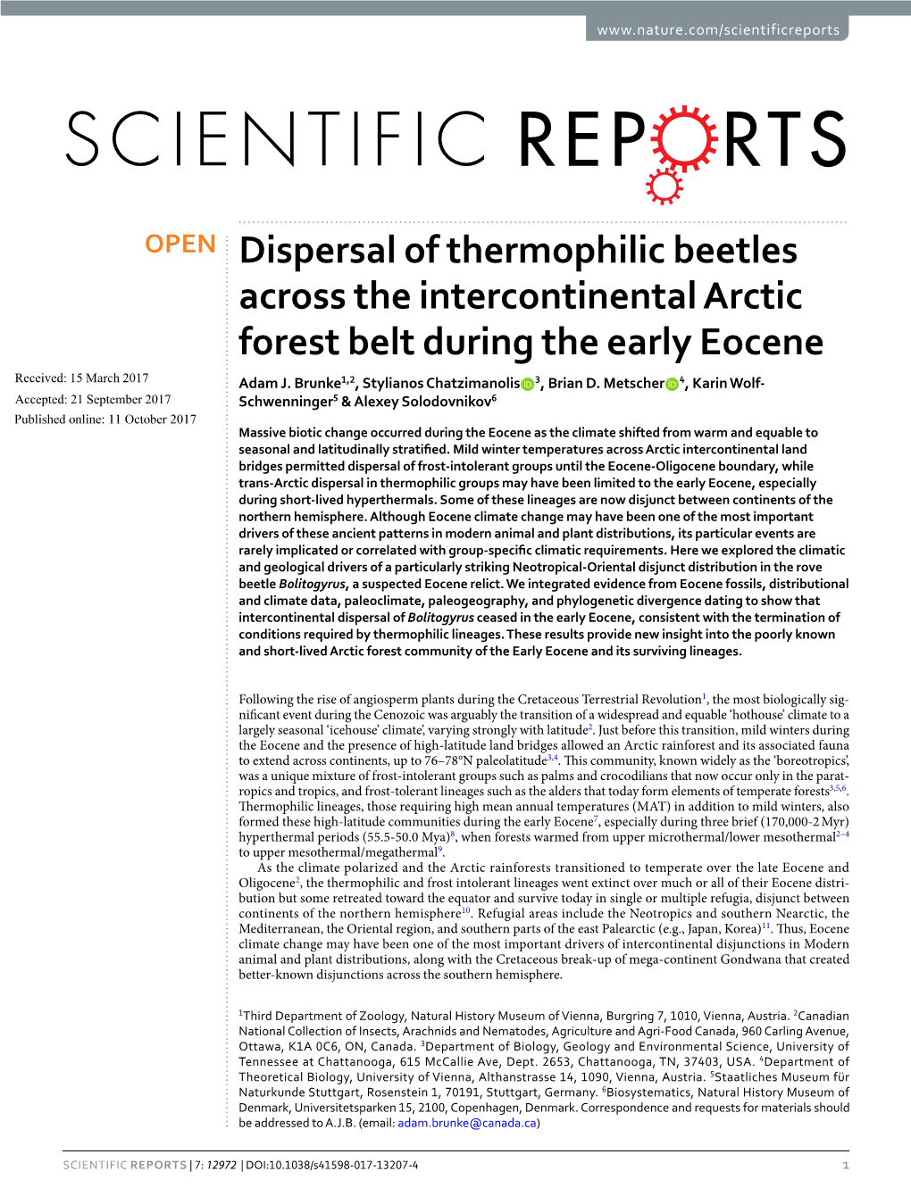 Dispersal of Thermophilic Beetles Across the Intercontinental Arctic Forest Belt During the Early Eocene Received: 15 March 2017 Adam J