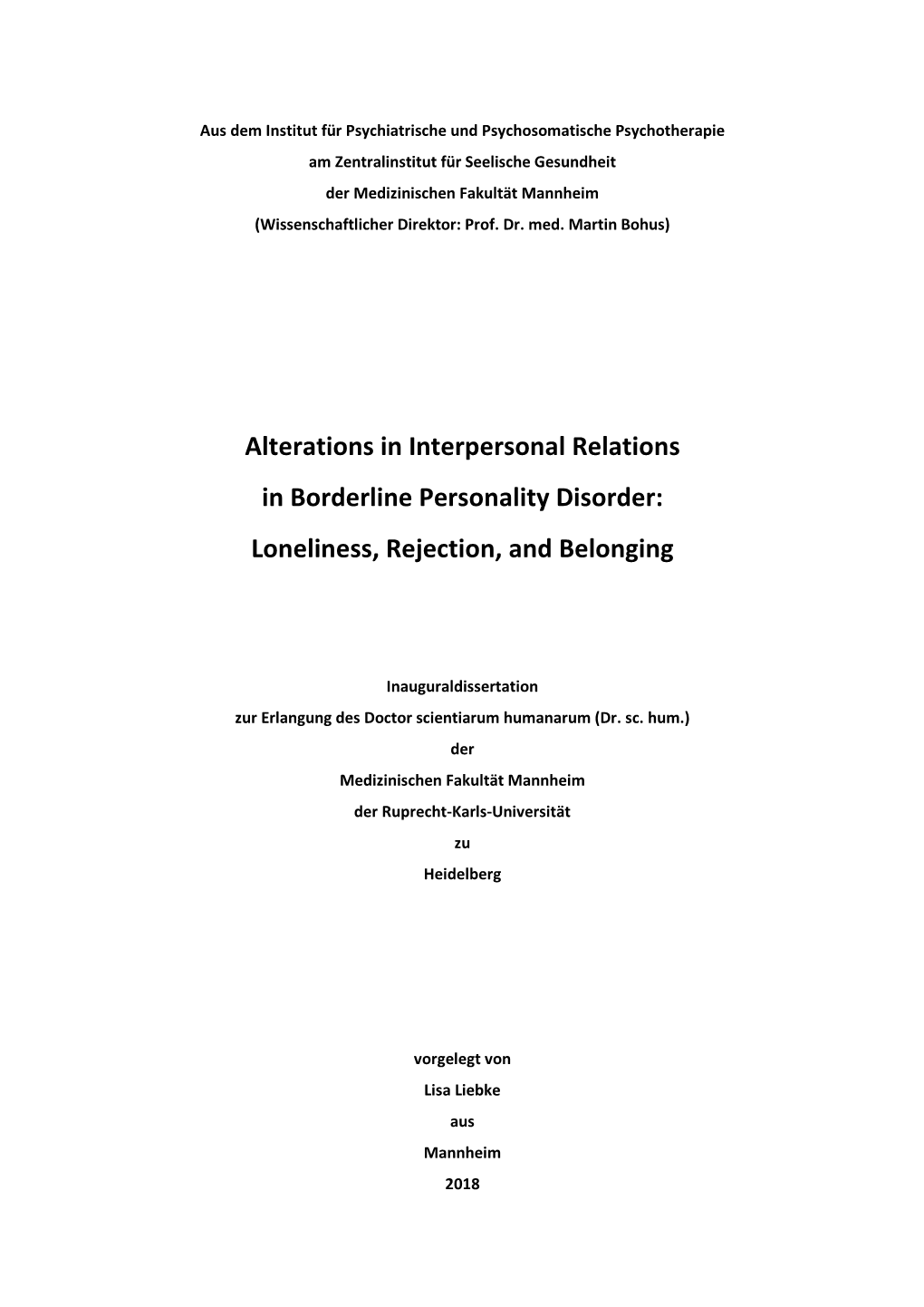 Alterations in Interpersonal Relations in Borderline Personality Disorder: Loneliness, Rejection, and Belonging