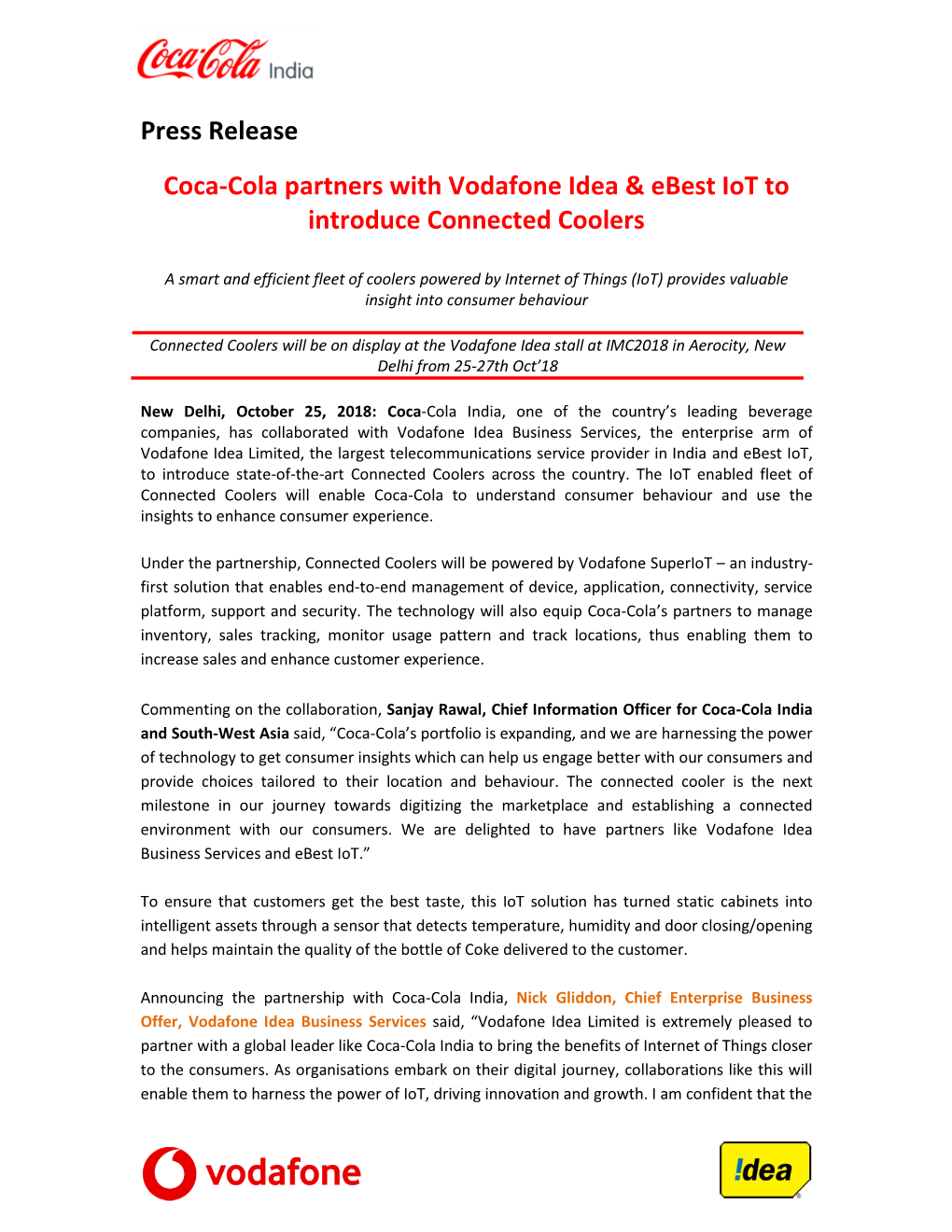 Coca-Cola Partners with Vodafone Idea & Ebest Iot to Introduce