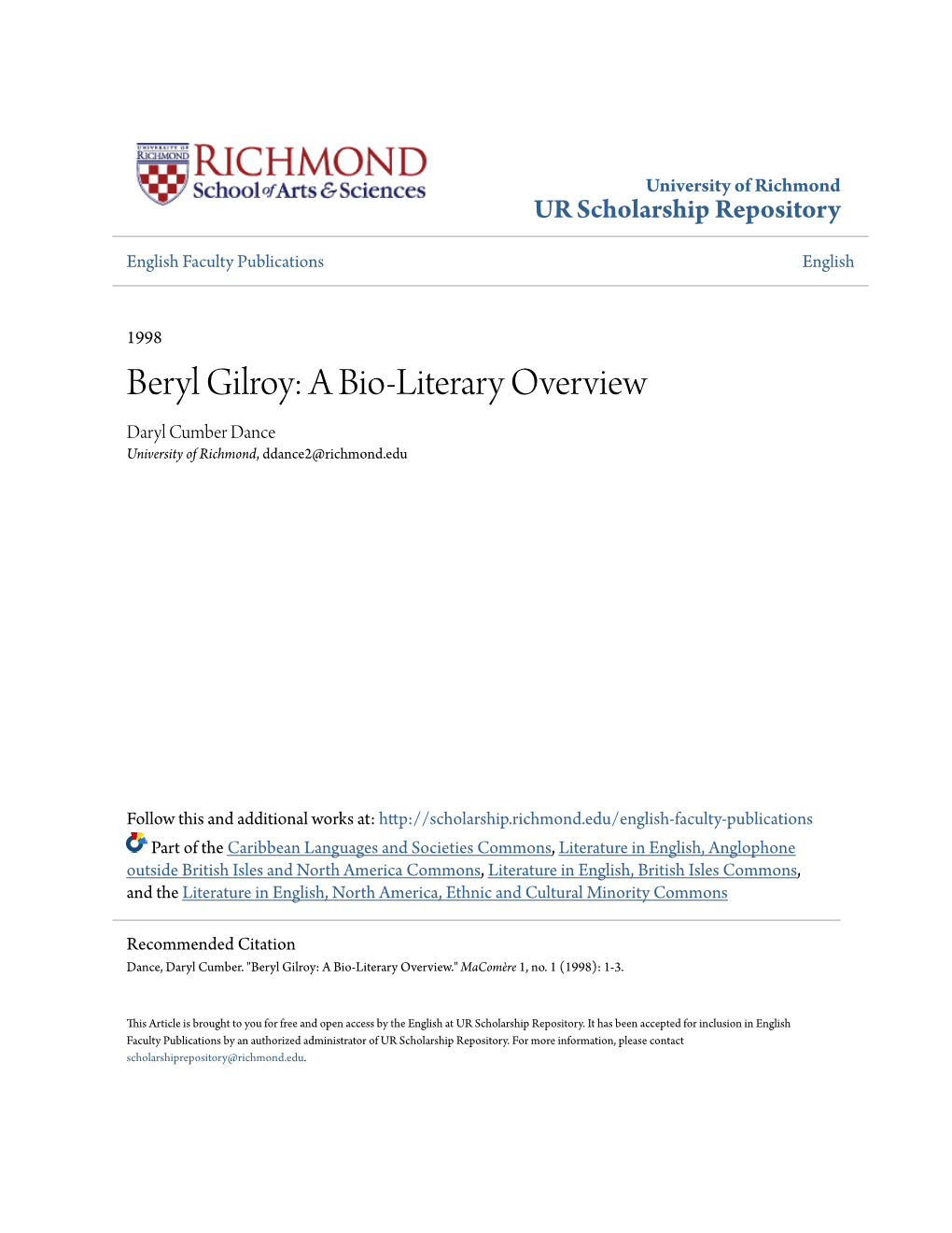 Beryl Gilroy: a Bio-Literary Overview Daryl Cumber Dance University of Richmond, Ddance2@Richmond.Edu
