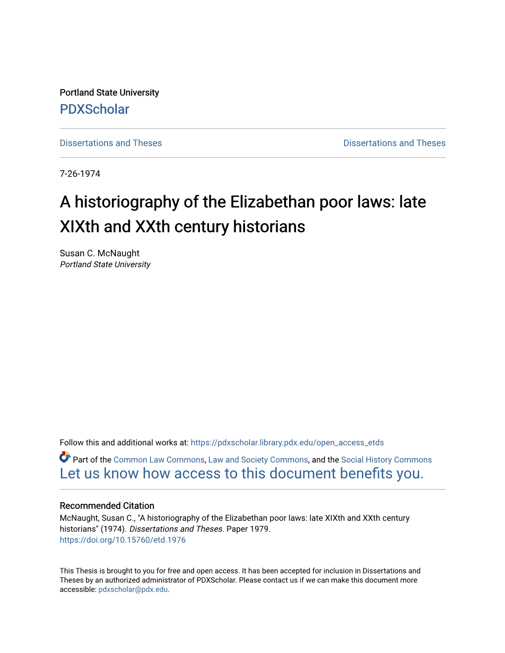 A Historiography of the Elizabethan Poor Laws: Late Xixth and Xxth Century Historians