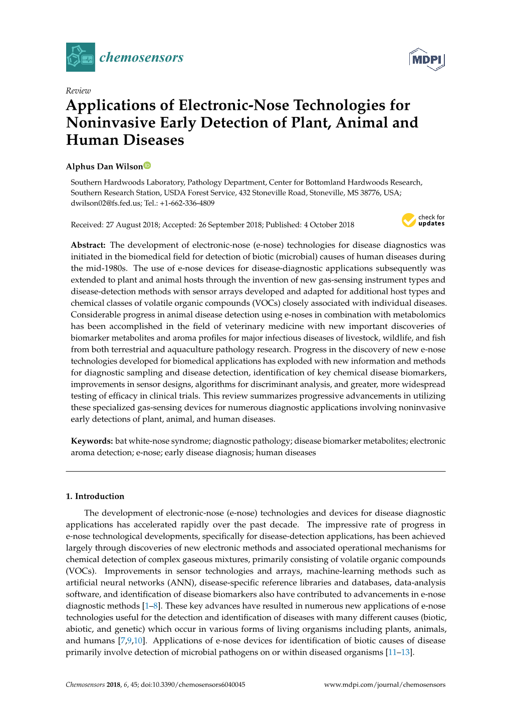Applications of Electronic-Nose Technologies for Noninvasive Early Detection of Plant, Animal and Human Diseases