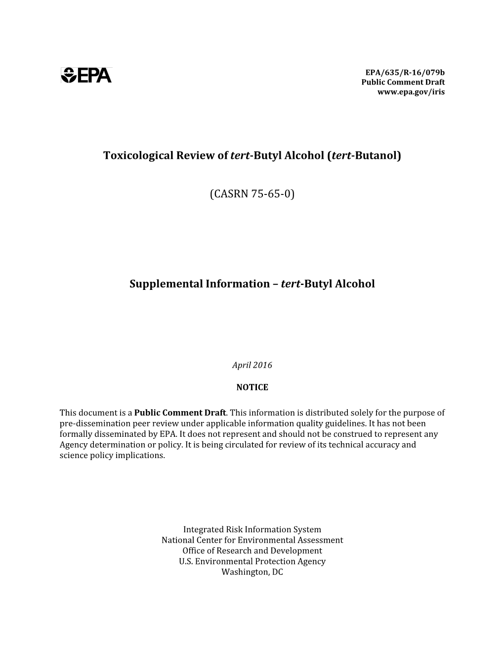 Toxicological Review of Tert-Butyl Alcohol (Tert-Butanol)