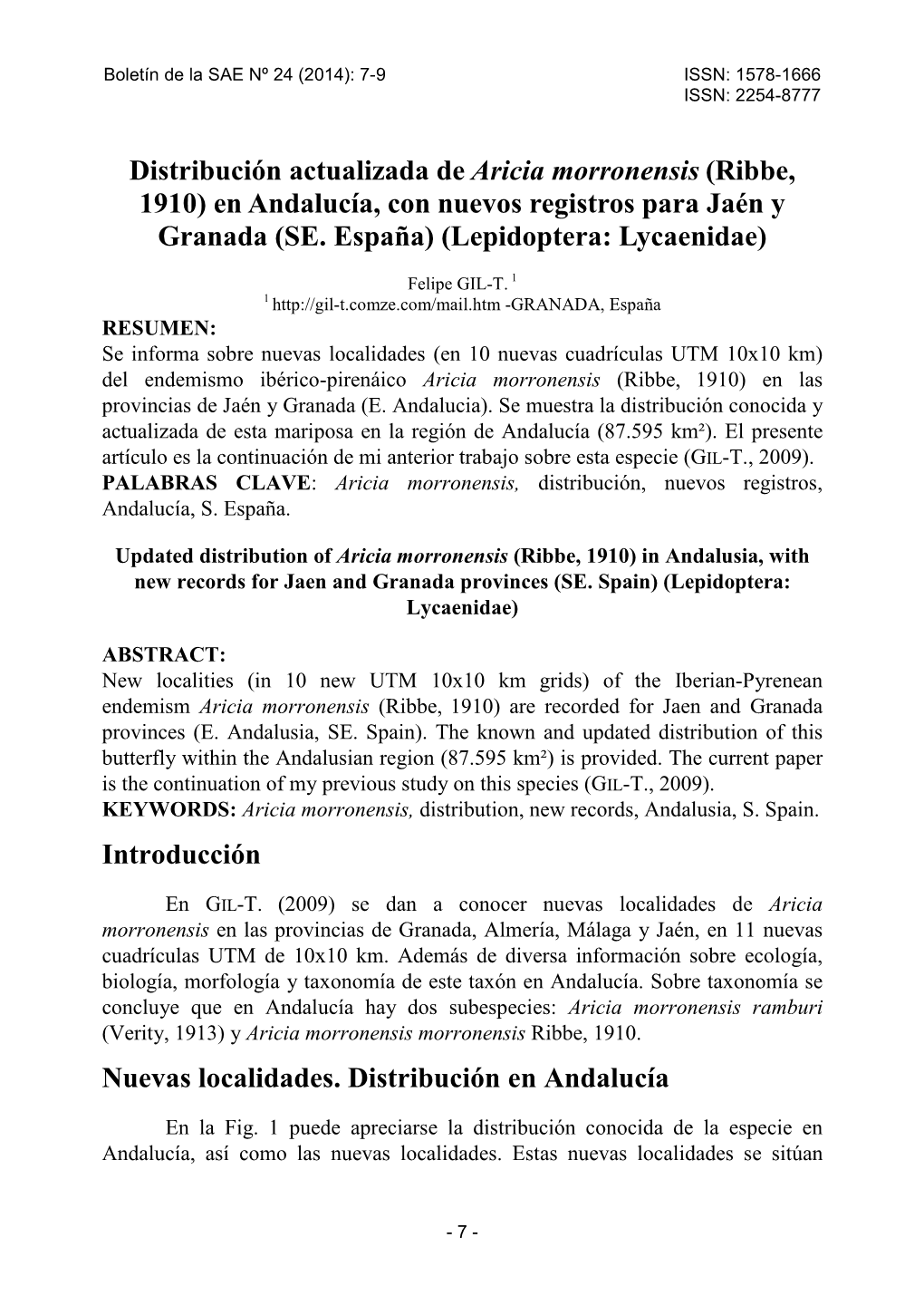 Distribución Actualizada De Aricia Morronensis (Ribbe, 1910) En Andalucía, Con Nuevos Registros Para Jaén Y Granada (SE