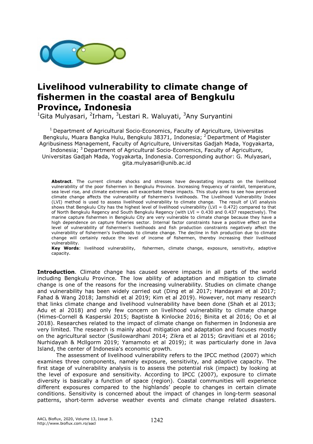 Mulyasari G., Irham, Waluyati L. R., Suryantini A., 2020 Livelihood Vulnerability to Climate Change of Fishermen in the Coastal Area of Bengkulu Province, Indonesia