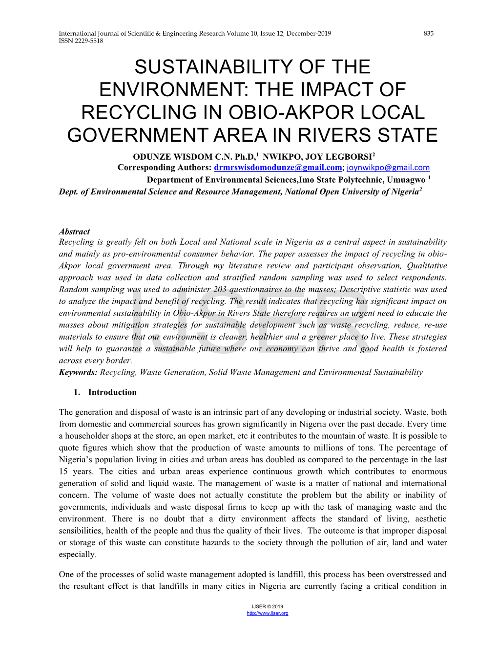 Sustainability of the Environment: the Impact of Recycling in Obio-Akpor Local Government Area in Rivers State Odunze Wisdom C.N