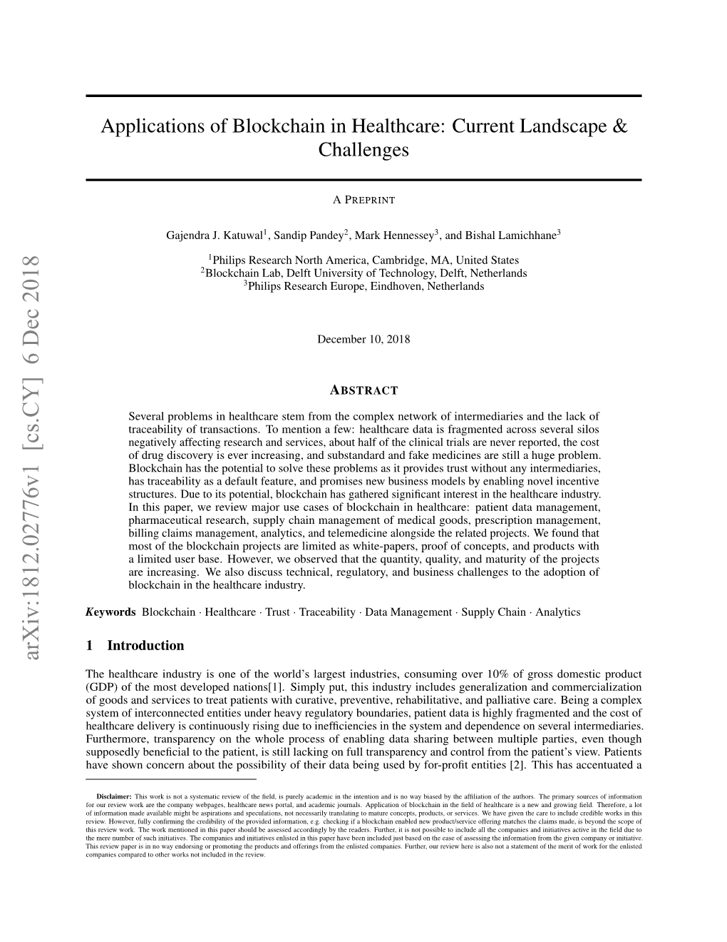 Applications of Blockchain in Healthcare: Current Landscape & Challenges