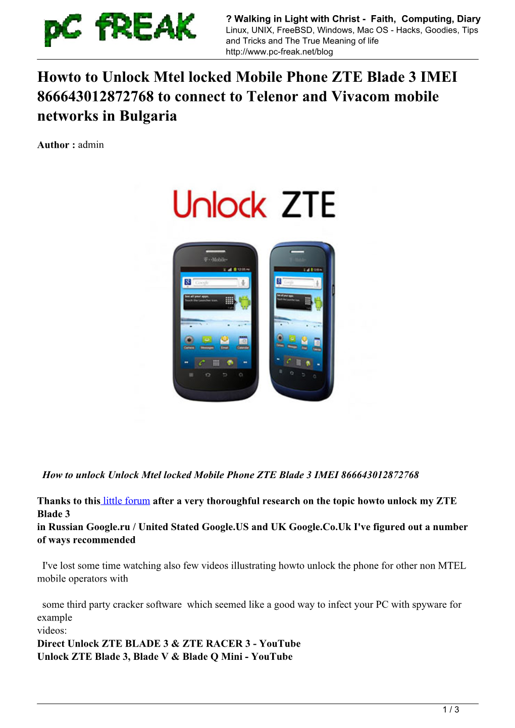 Howto to Unlock Mtel Locked Mobile Phone ZTE Blade 3 IMEI 866643012872768 to Connect to Telenor and Vivacom Mobile Networks in Bulgaria