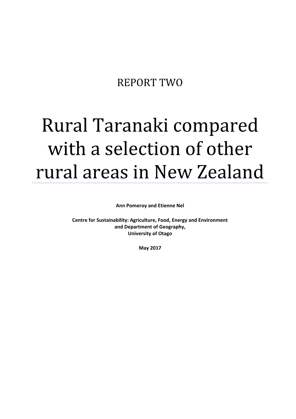 Rural Taranaki Compared with a Selection of Other Rural Areas in New Zealand