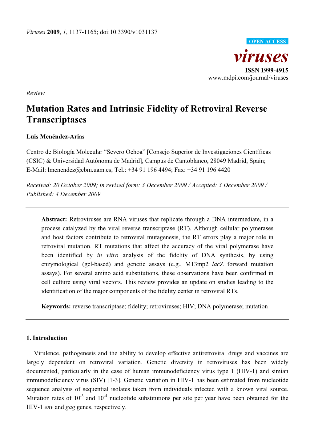 Mutation Rates and Intrinsic Fidelity of Retroviral Reverse Transcriptases