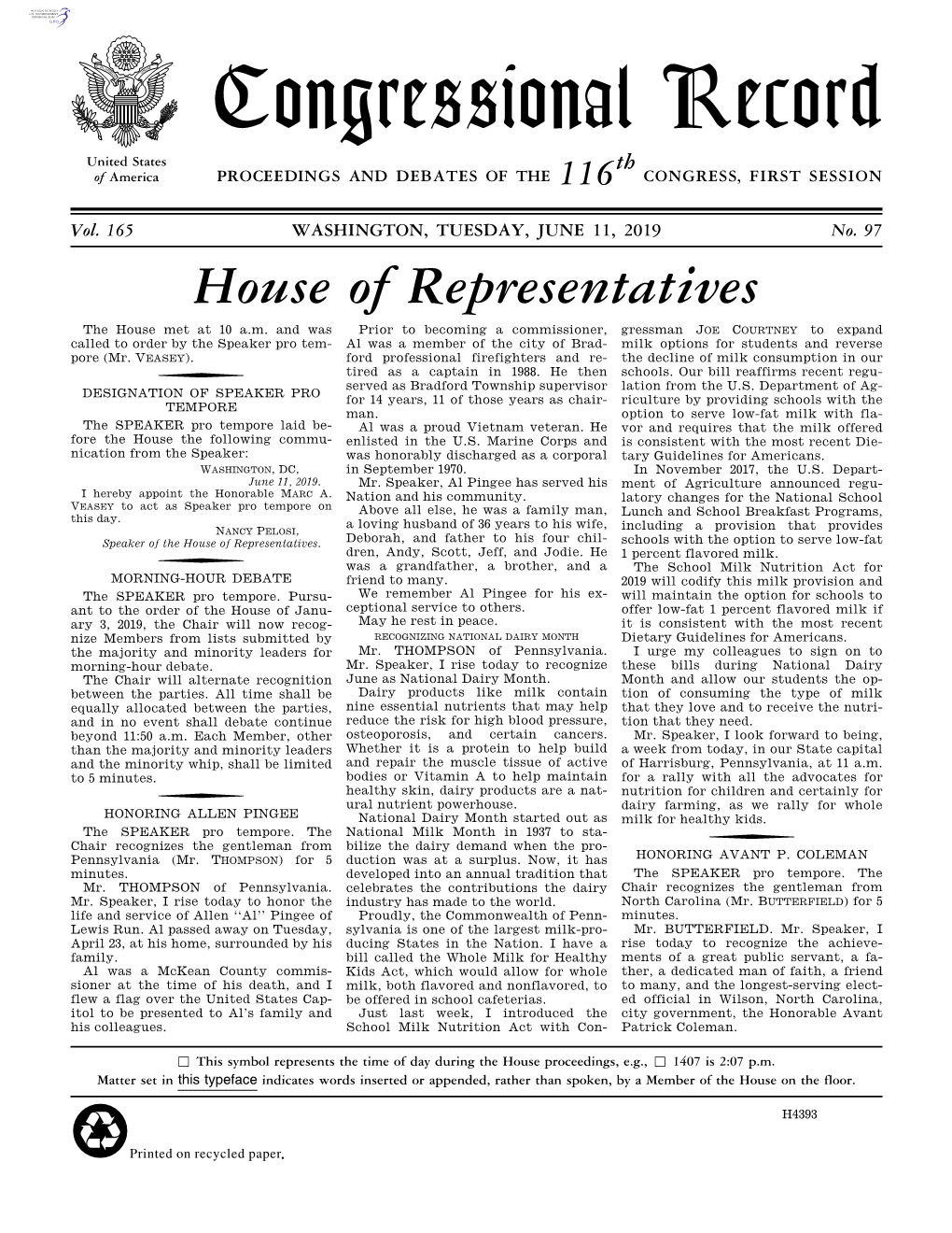 Congressional Record United States Th of America PROCEEDINGS and DEBATES of the 116 CONGRESS, FIRST SESSION