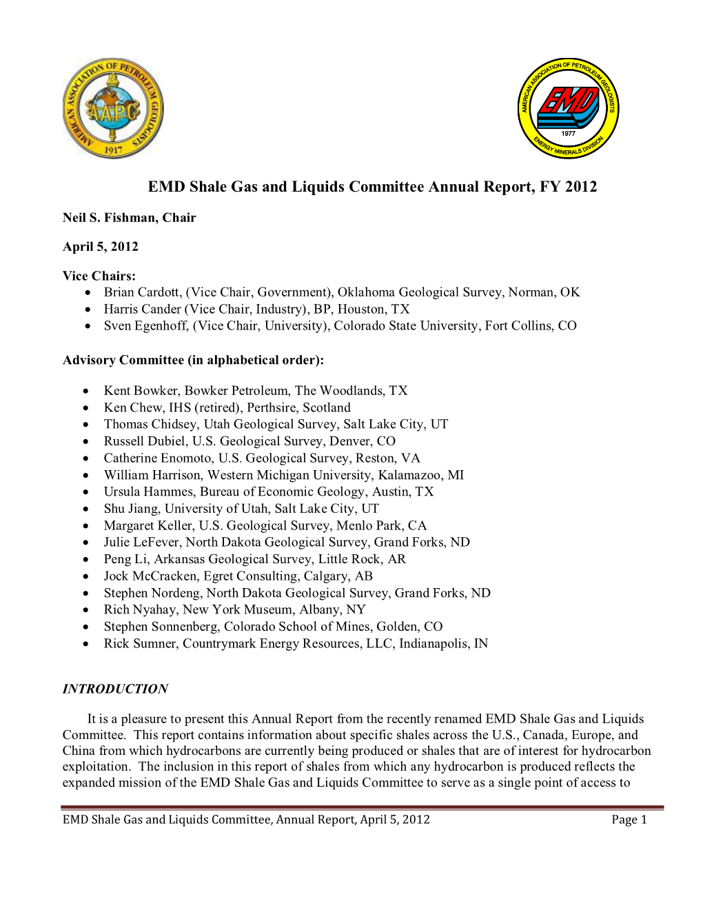 EMD Shale Gas and Liquids Committee Annual Report, FY 2012