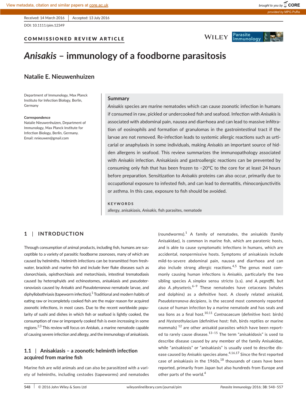 Anisakis &#X2013; Immunology of a Foodborne Parasitosis