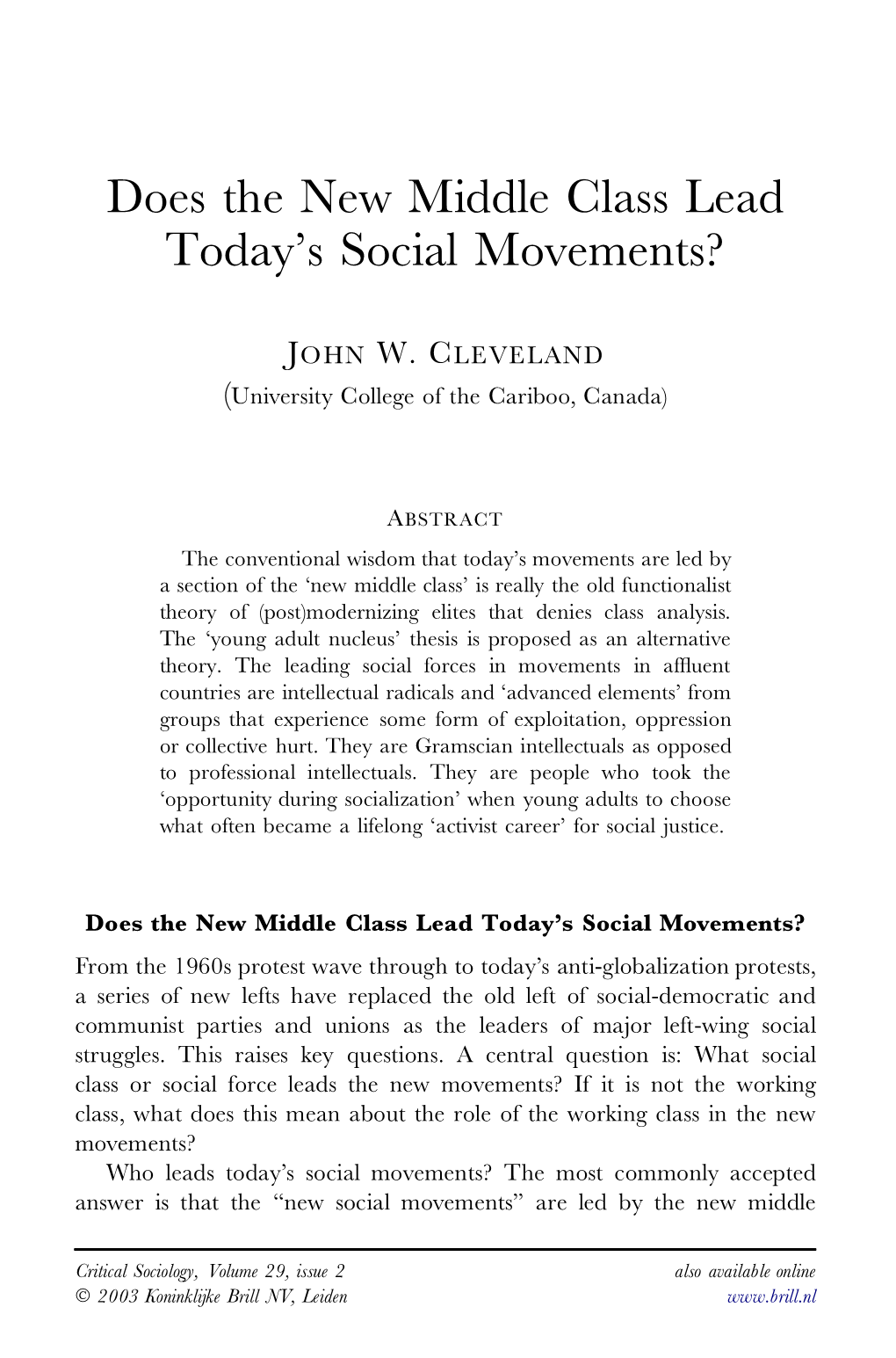 Does the New Middle Class Lead Today's Social Movements?