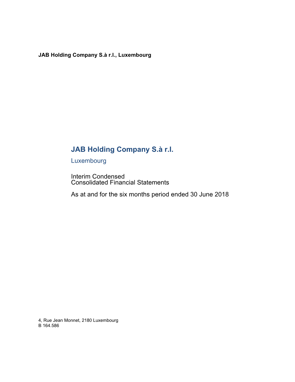 JAB Sarl Consolidated Financials June 2018