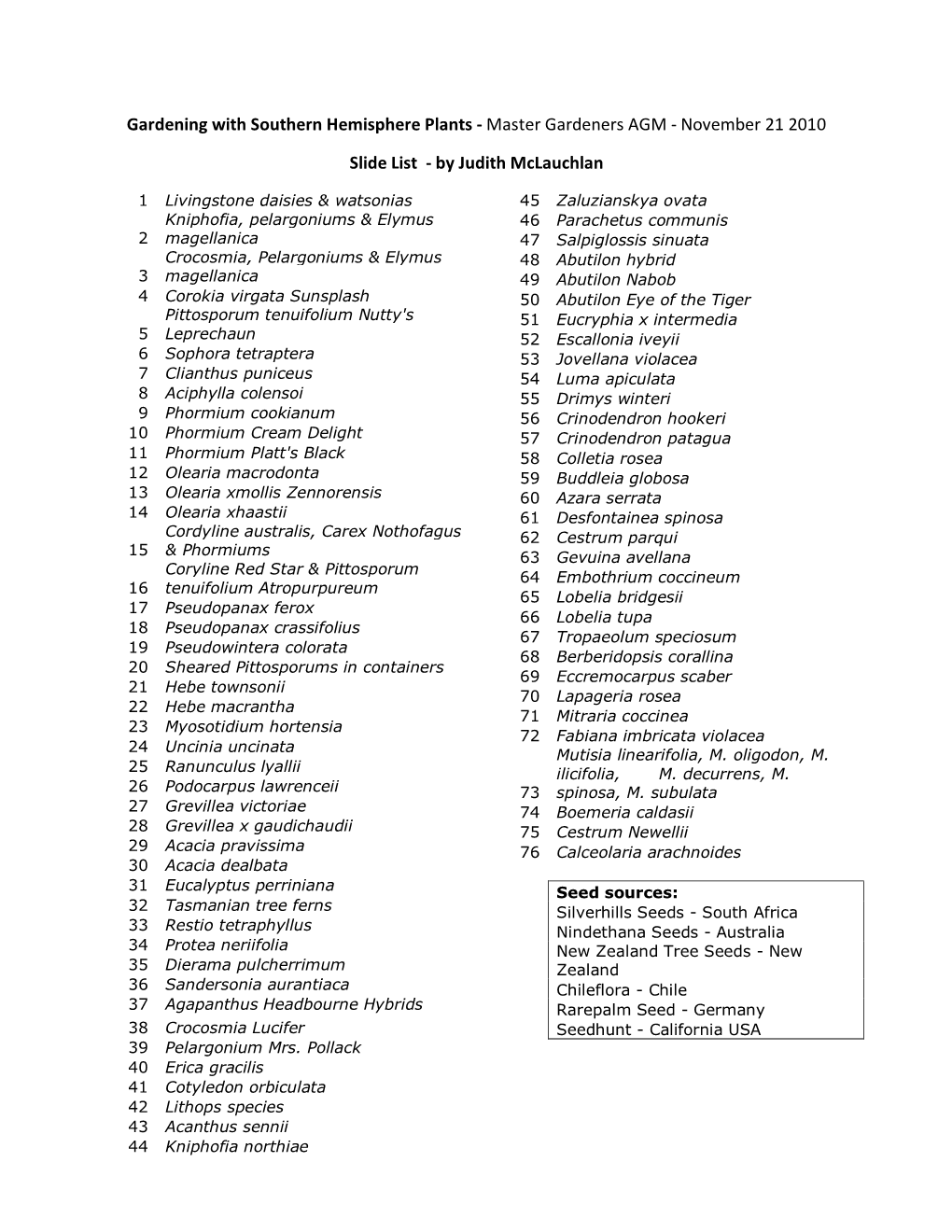 Gardening with Southern Hemisphere Plants - Master Gardeners AGM - November 21 2010