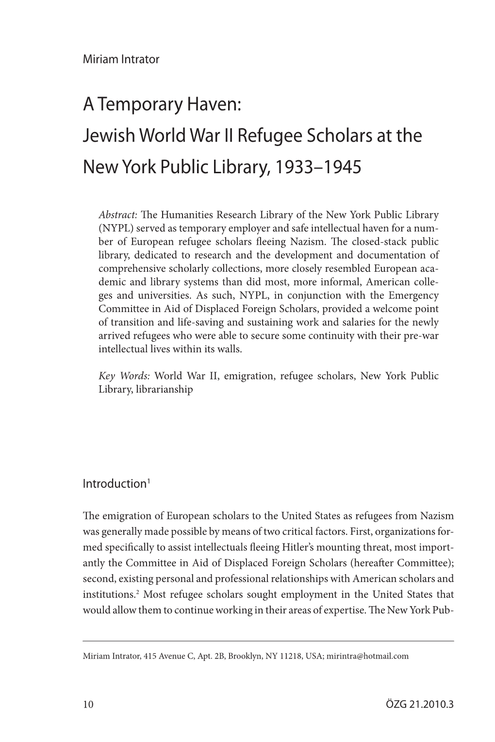 Jewish World War II Refugee Scholars at the New York Public Library, 1933–1945